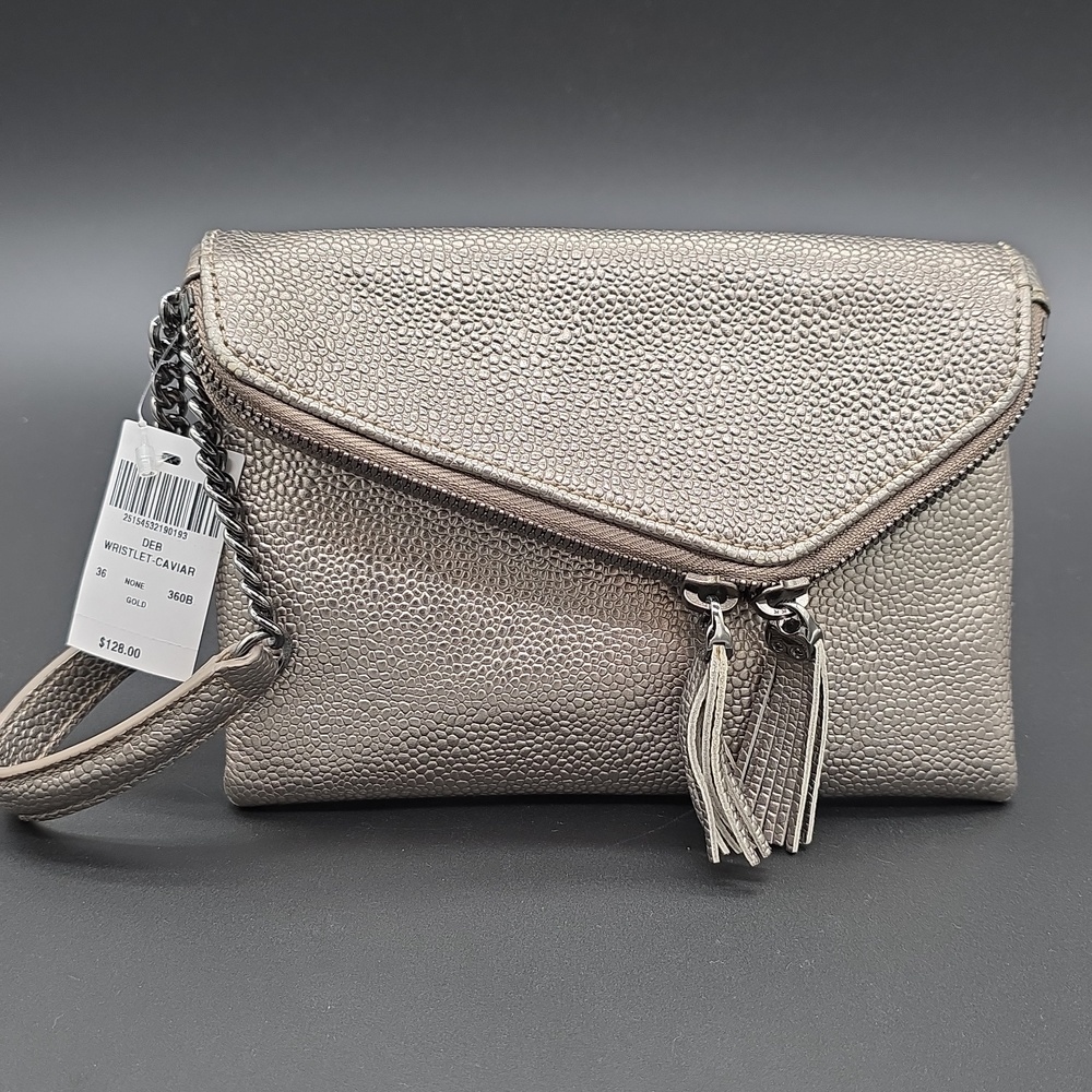NWT HENRI BENDEL Metallic Pewter Caviar Envelope Wristlet Leather Clutch